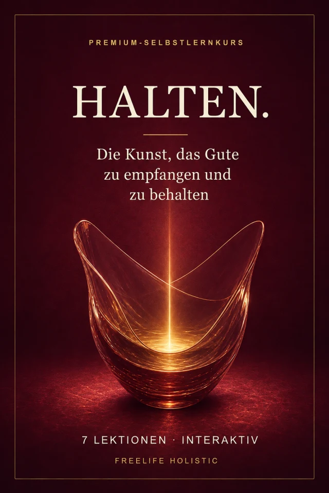 HALTEN. – Die Kunst, das Gute zu empfangen und zu behalten. Rubinrotes Kurscover mit einem lichtgefüllten Gefäß.
